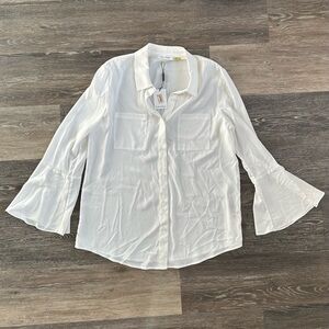 Calvin Klein White Ivory Bell Sleeve Button Down Blouse Shirt Size Large